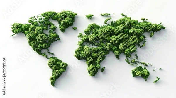 Fototapeta Illustration Green World Map- 3D tree or forest shape of world map isolated on white background