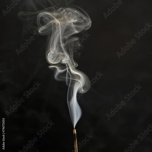 Fototapeta /imagine: prompt wide shot of a single match burning with a long elegant curl of smoke rising from it on a black back ground