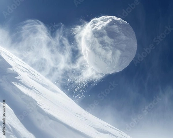 Fototapeta A large snowball rolling down a snowy mountainside showing a snowball effect