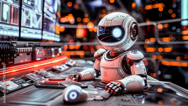 Fototapeta A cheerful robot surrounded by advanced technology and control panels, embodying futuristic artificial intelligence and automation.