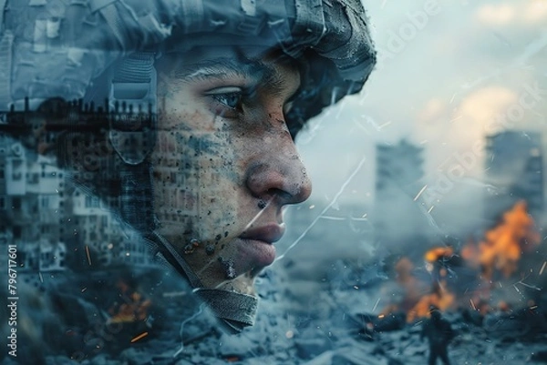 Fototapeta Double Exposure Portrait of a hopeful for the future soldier letting see the consequences of a war in a destroyed city