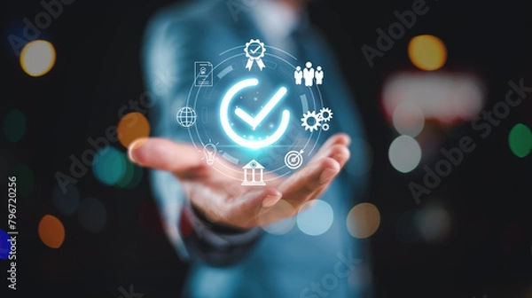 Obraz Guarantee service certification concept, business performance internet checklist. Businessman correct sign mark on document online approve paperless, quality assurance. Quality control assurance