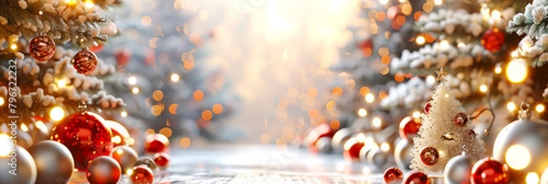 Fototapeta Christmas banner. New Year holiday background with gold and red toys balls. Abstract light bokeh background