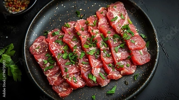 Obraz top view in the center of a plate of sliced meat.