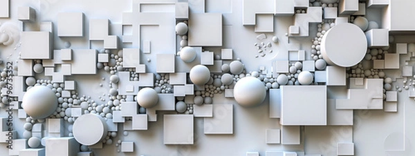 Fototapeta Monochrome digital art with 3d cubes, spheres and other shapes. White background.