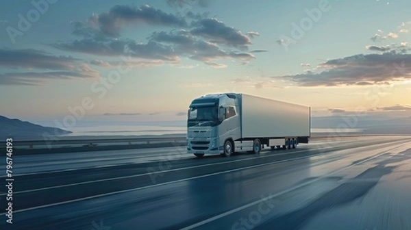 Fototapeta modern large white trailer driving down an empty road. Logistics company. Freight transportation. Fast delivery. Mock up
