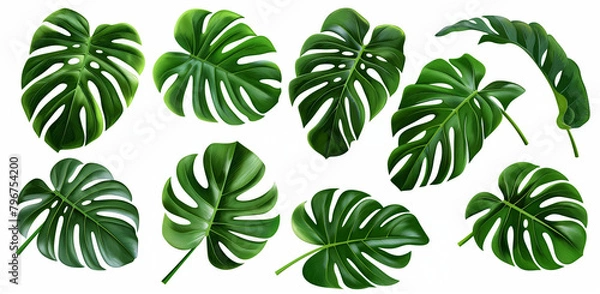 Fototapeta set of tropical monstered leaves isolated on white background,  generative AI 