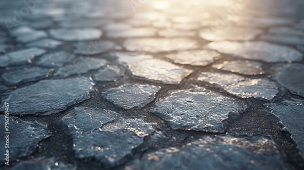 Fototapeta b'wet cobblestone street with sunlight'