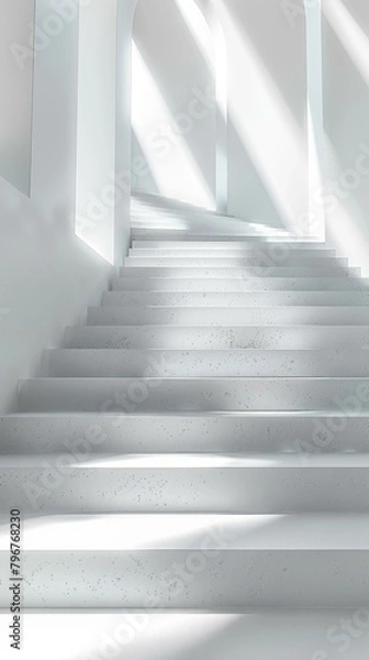 Fototapeta b'3D rendering of a white staircase with sunlight shining through the window'