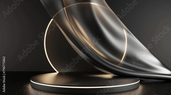 Fototapeta 3D display podium black background. Luxury flying transparent cloth in motion. Minimal beauty dark stand, cosmetic product presentation. Neon light circle frame, empty mockup, studio 3d render