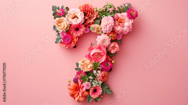 Obraz Top View Floral Number Seven. Top view of a floral arrangement shaping the number 7, ideal for celebrations.