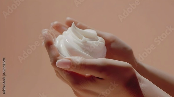 Fototapeta Delicate Hands Applying Nourishing Skincare Cream on Soft,Clean Background