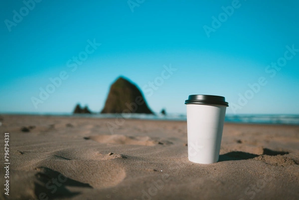Fototapeta A blank coffee cup by haystack rock. 