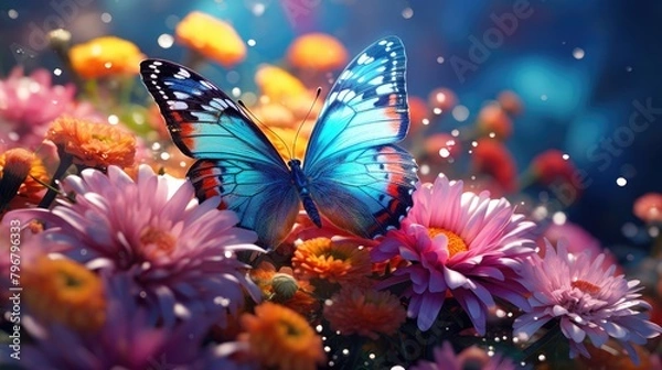 Fototapeta a portrait pearl butterfly with the colorful flowers, AI Generative