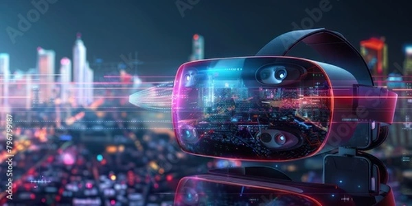 Fototapeta Virtual reality headset with future technology light background.