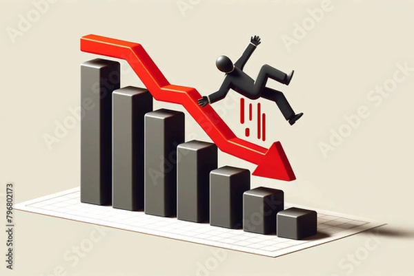 Fototapeta model of a man in a business suit falling from a career ladder, descending bar graph with red down arrow