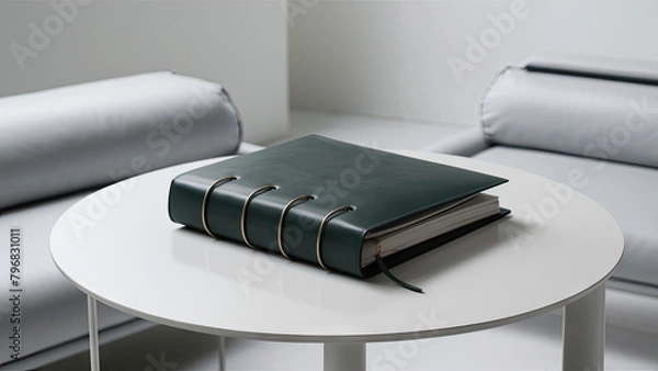 Obraz An emerald notebook lies on a white table, with gold fittings.