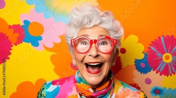 Fototapeta a happy and funny elderly woman on a colorful background, multi color, red eyeglass frames