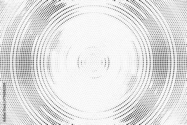 Fototapeta Radial halftone gradient background. Dotted concentric texture with fading effect. Black and white circle shade wallpaper. Grunge rough vector. Monochrome backdrop