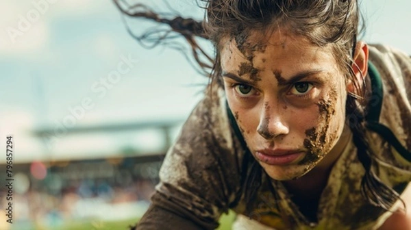 Fototapeta Determined Rugby Player with Mud-Splattered Face
