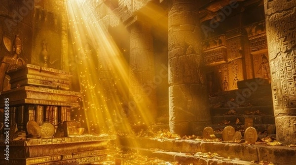 Fototapeta Sunbeams illuminate the interior of a lost golden city temple, revealing ancient treasures and artifacts amidst a mystical atmosphere.