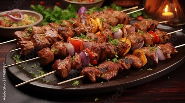 Obraz Grilled meat skewers, shish kebab.
