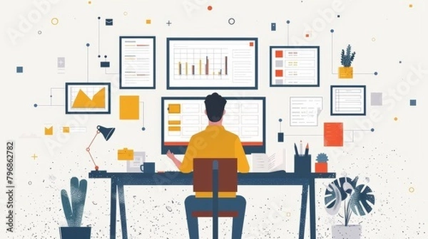 Fototapeta Grid System: A vector illustration of a designer using a grid system to align elements in a print layout