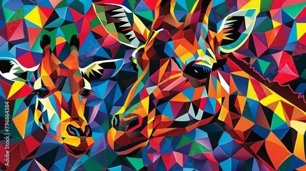 Fototapeta A colorful painting of two giraffes with a third giraffe in the background