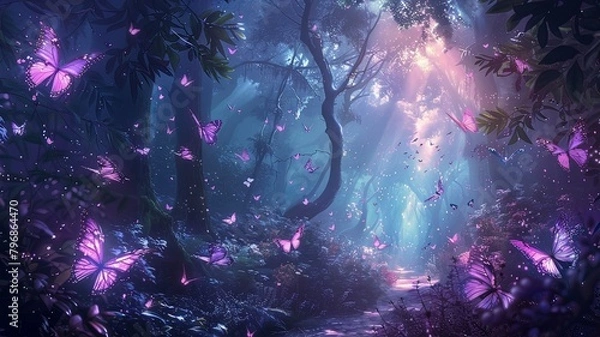 Fototapeta A forest with many butterflies flying around
