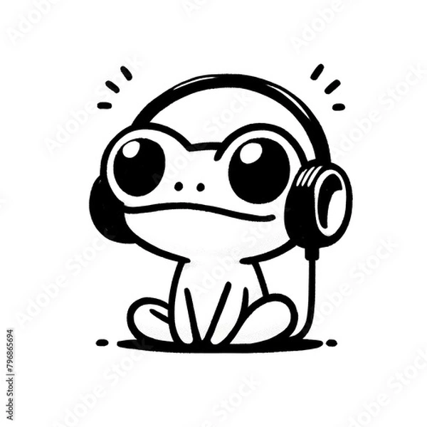 Obraz Cute Frog illustration black and white line simple, characters, animal, cartoon, headphone, listen to music
