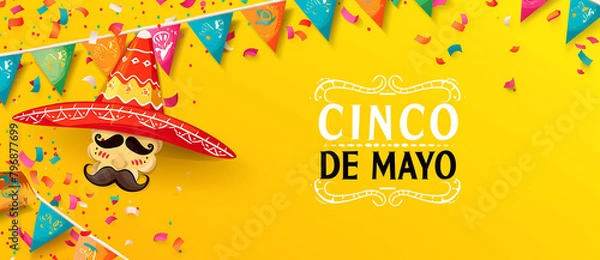 Fototapeta National festival cinco de mayo web banner. Festive garland flags, big title, sombrero, mustache and maracas on black horizontal banner. Festive colors vector illustration for promo on cinco de mayo.