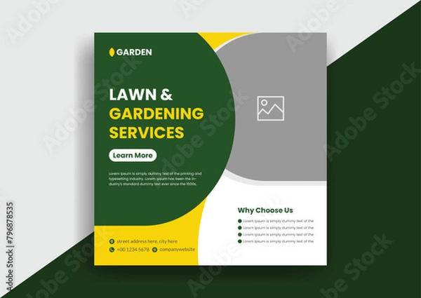 Fototapeta Lawn Mower Garden or Landscaping Service Social Media Post and Web Banner Template Design