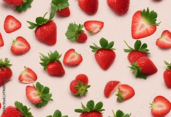 Fototapeta Strawberry with half slices falling or floating in the air with green leaves isolated on background