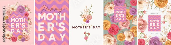 Obraz Flowers, floral card and frame. Happy Mother's Day. Vector watercolor modern elegant illustration of peony, rose,  bouquet, pattern, pink and purple logo, leaf, for greeting card, invitation or poster