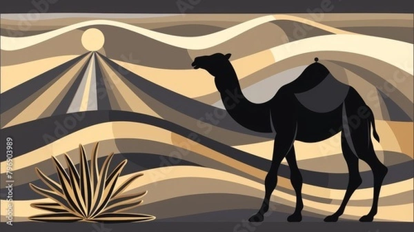 Fototapeta Serene desert sunset with silhouette of camel in artistic geometric style