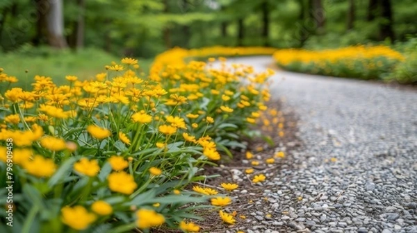 Fototapeta   A roadside scene featuring a group of yellow flowers, adjacent to a rocky, gravel path, and framed by background trees