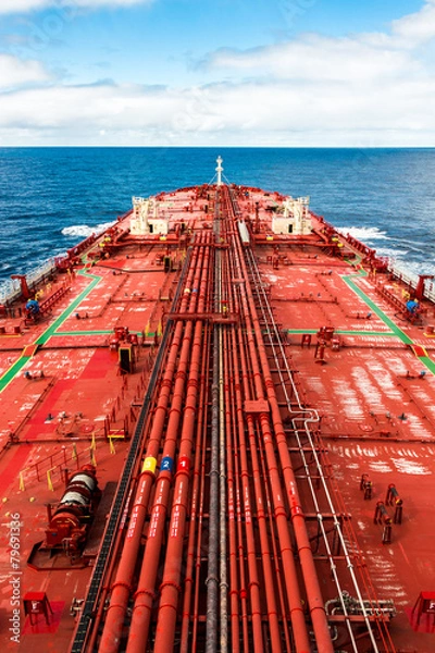 Fototapeta Ships big red metal deck with pipeline
