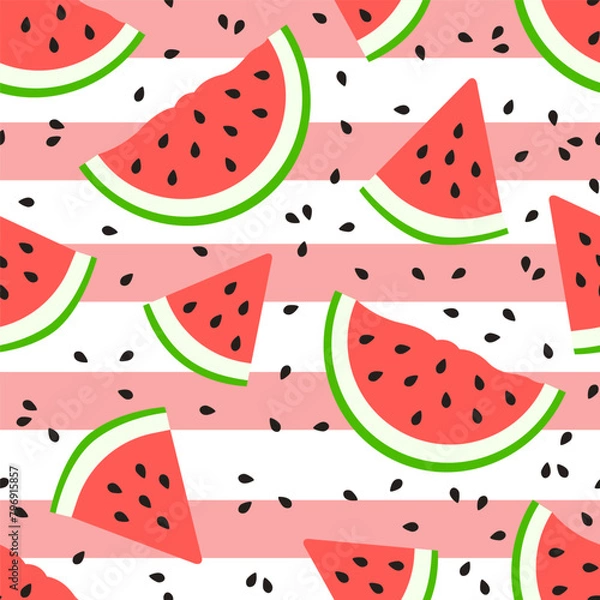 Fototapeta Vector seamless pattern with the image of a watermelon on a background of pink and white stripes
