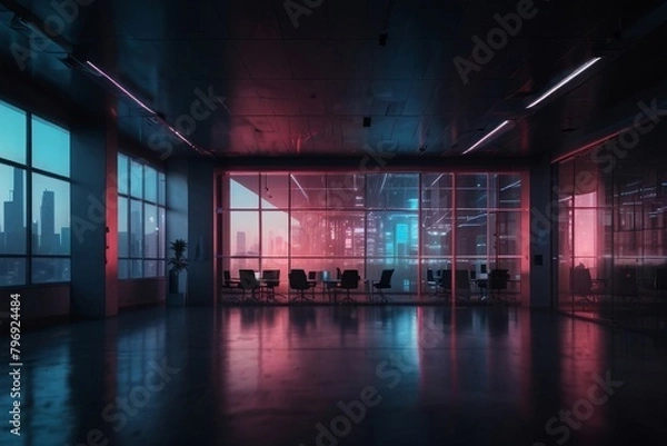 Fototapeta Stylish office of the future, technology development concept, neon color.