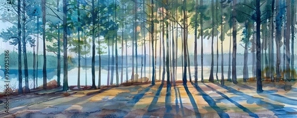 Fototapeta Tall pine trees cast long shadows in the fading light of dusk, bright water color