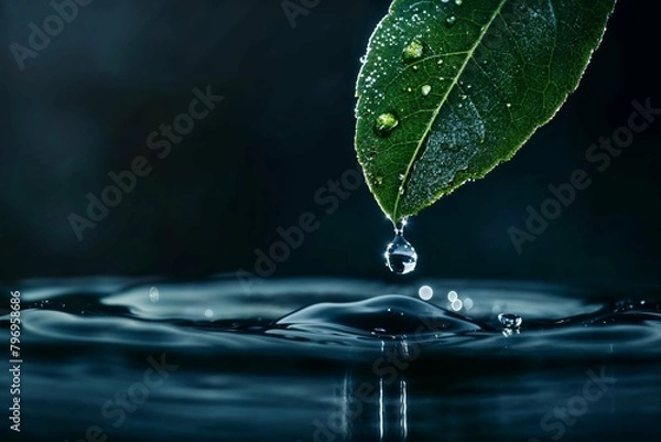 Fototapeta Dew water droplet on a green plant, close-up image of water drops, leaf texture, waterdrop falling