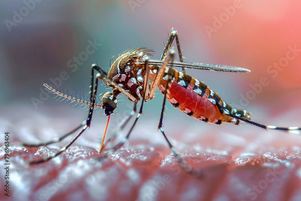 Fototapeta A large kamar sits on a person’s skin and sticks its proboscis into it. Mosquito bite, blood-sucking insects, fever, infection.