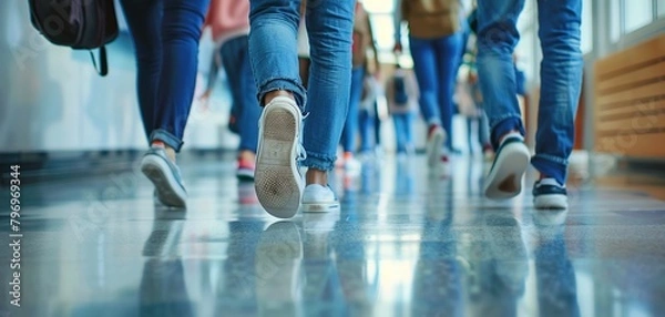 Fototapeta Close-up of legs of students walking in the school corridor.