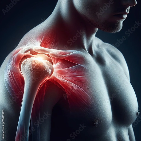 Fototapeta A digital illustration depicting a person with highlighted shoulder pain, emphasizing musculoskeletal health issues.