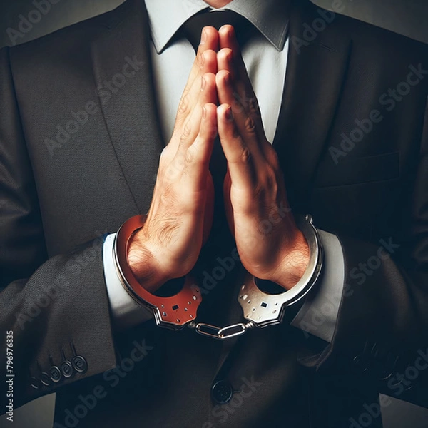 Fototapeta Businessman in a suit with handcuffed hands in a praying position, representing the concept of corporate crime or legal trouble.
