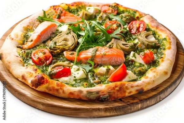 Fototapeta Salmon Pizza with Salmon, Seafood Flatbread with Pickled Artichokes, Arugula, Cherry Tomatoes