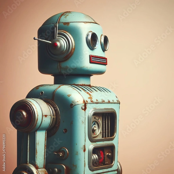 Obraz A vintage style robot with a retro design on a pastel background, depicting concepts of artificial intelligence and nostalgia.