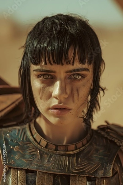Fototapeta Intense warrior woman with striking gaze in desert setting