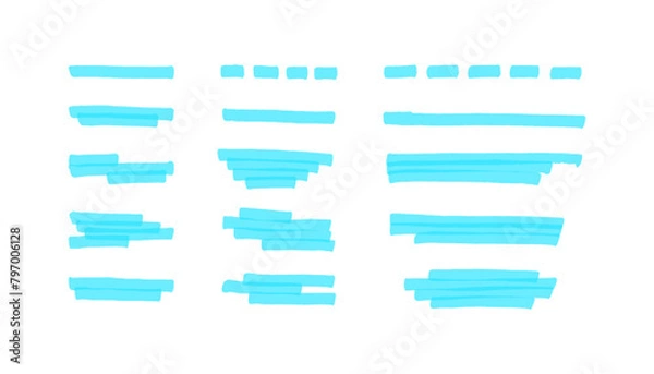 Fototapeta Blue highlight lines transparent set on white background. Marker hand drawn underline strokes.