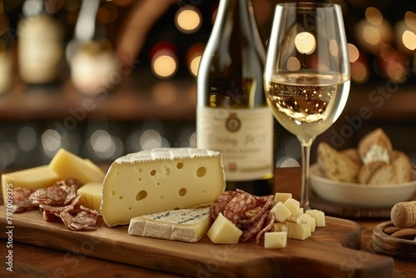 Fototapeta Discover the crisp delight of white wine paired with artisanal cheeseboard selections.